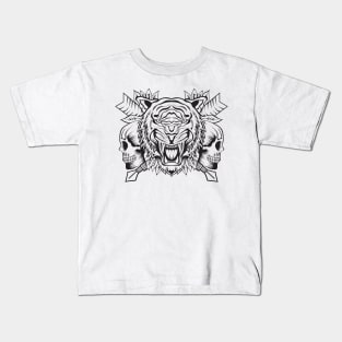 Roaring Tiger with Skull Lineart Kids T-Shirt